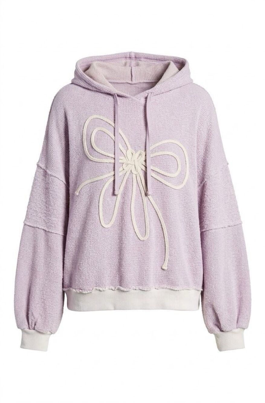 Easel Lavender Bow Herringbone Embroidered Boxy Hooded Pullover NWT